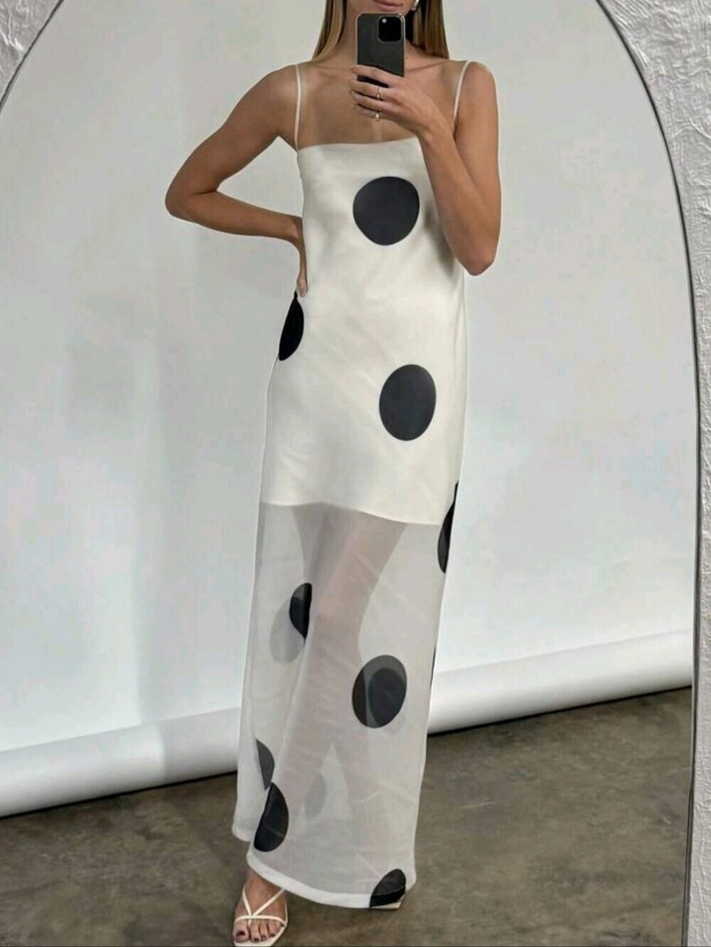 White Sheer Slip Dress with Black Polka Dots